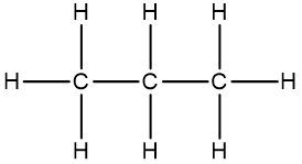 Structural formula of propane (C3H8) showing carbon and hydrogen bonds.