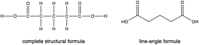 Complete structural and line-angle formulas for glutaric acid, illustrating its chemical structure.