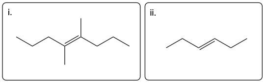 Structures of trans-4,5-dimethyloct-4-ene and trans-hex-3-ene for naming alkenes.