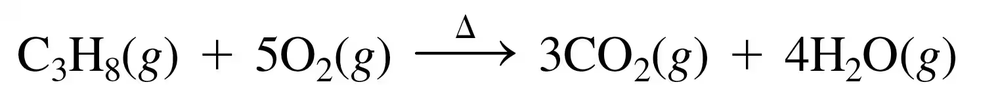 Chemical equation showing propane and oxygen reacting to form carbon dioxide and water, with a symbol indicating heat.