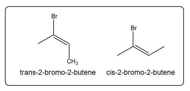 Alternative structures of trans and cis isomers of 2-bromo-2-butene.