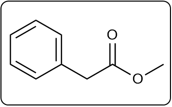 Line-angle formula for ethyl benzoate, featuring the ester linkage and aromatic component.