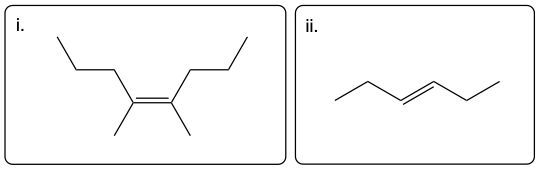 Structures of trans-4,5-dimethyloct-4-ene and trans-hex-3-ene for naming alkenes.