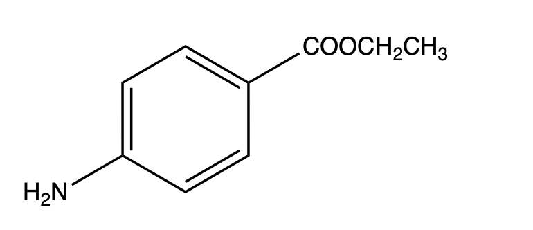 Condensed structural formula of benzocaine with an ethyl ester group.