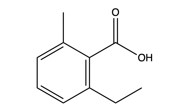 Line-angle formula of 3-ethyl-2-methylbenzoic acid with carboxylic acid functional group.