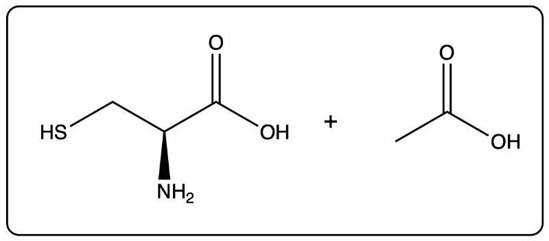 Reaction showing N-acetylcysteine hydrolysis producing cysteine and acetic acid.