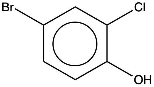 Chemical structure of 4-bromo-2-chlorophenol with Br, Cl, and OH groups indicated.