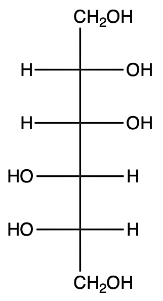 Structural formula of D-sorbose, a monosaccharide with hydroxyl groups.