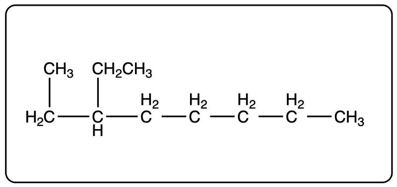 Condensed structural formula of 4-ethylheptanal, depicting carbon and hydrogen structure.