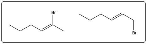 Structures of two bromohexyne products from hex-2-yne and HBr reaction.