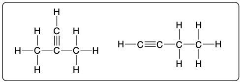 Structural formula of 1-butyne and 2-butyne, 4-carbon alkynes.