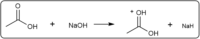 Chemical equation showing acetic acid reacting with NaOH with different products.