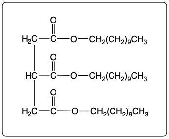 Triester structure of glycerol and lauric acid, highlighting ester linkages.