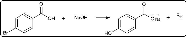 Chemical equation showing 4-bromobenzoic acid reacting with NaOH to form a salt and hydroxide.