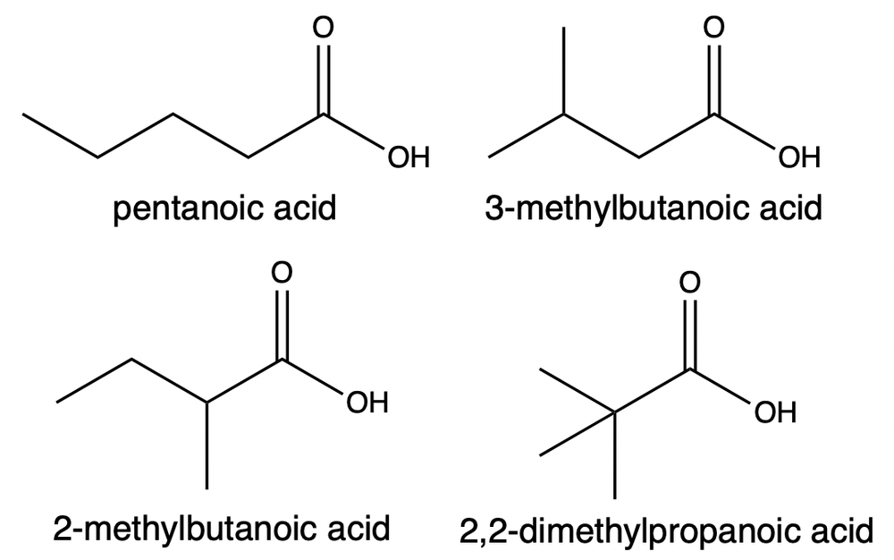 Structures of pentanoic acid, 3-methylbutanoic acid, 2-methylbutanoic acid, and 2,2-dimethylpropanoic acid with names labeled.