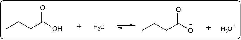 Chemical equation for propanoic acid ionization in water, with acetate and hydronium ions.