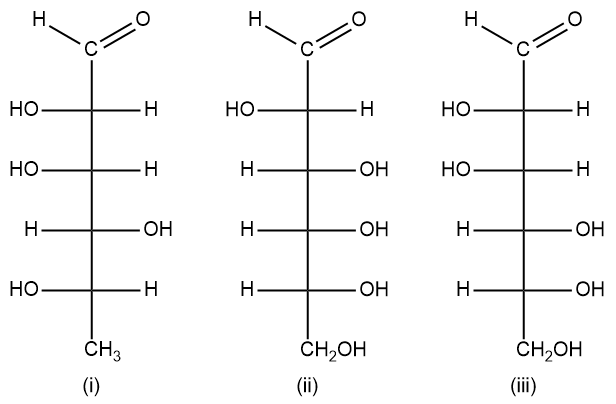 Fischer projections of three monosaccharides from a trisaccharide hydrolysis.