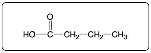 Condensed structural formula of pentanal, showing the carbonyl group.