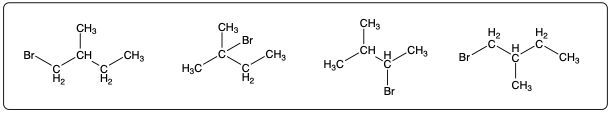 Condensed structural formulas of isopentane halogenation products with one bromine atom.