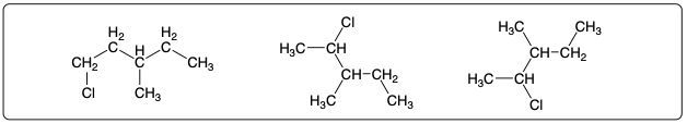 Different monochlorinated products of 3-methylpentane with Cl2, illustrated in structural formulas.