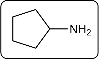 Line-angle formula for cyclopentylamine showing NH2 group attached to cyclopentane.