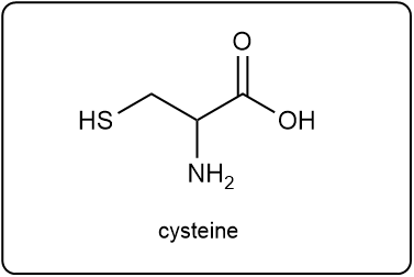 Structure of cysteine, an amino acid with the code 'Cys'.