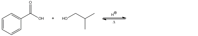 Chemical reaction showing esterification of a carboxylic acid and alcohol.