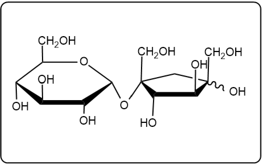 Chemical structure of a disaccharide composed of glucose and fructose with a glycosidic bond.