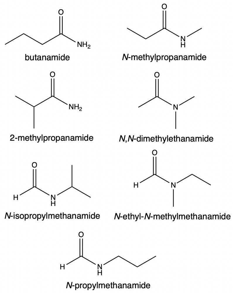 Various amide isomers for C4H9NO with IUPAC names shown.