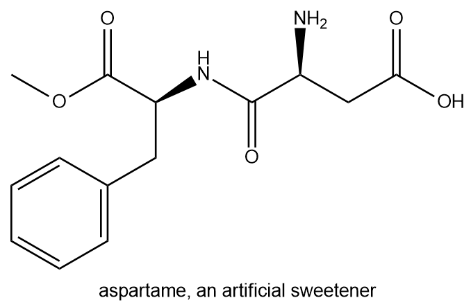 Chemical structure of aspartame, an artificial sweetener, without chiral centers.