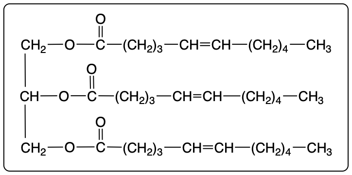 Condensed structural formula of glyceryl trilaurate, a triacylglycerol from coconut oil.