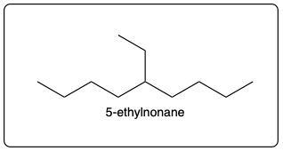Bond-line structure of 5-ethylnonane with its name labeled.