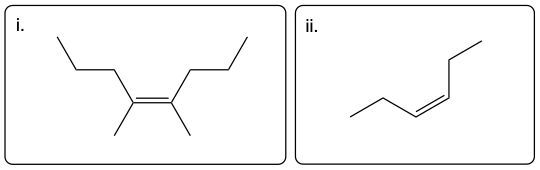 Structures of trans-4,5-dimethyloct-4-ene and trans-hex-3-ene for naming alkenes.