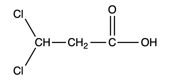 Condensed structural formula of 3,3-dichloropropanoic acid with a different arrangement.