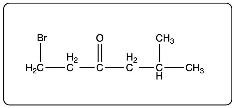 Condensed structural formula of 2-bromo-3-hexanone with Br and carbonyl group.