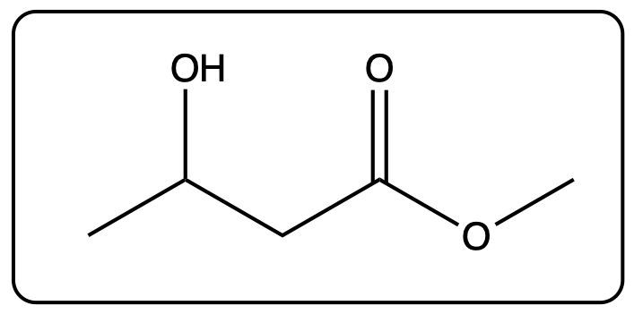 Chemical structure of methyl 3-hydroxybutanoate with hydroxyl and ester functional groups.