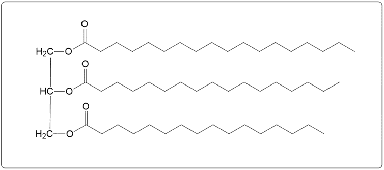 Chemical structure of triacylglycerol for hydrogenation reaction in a box.