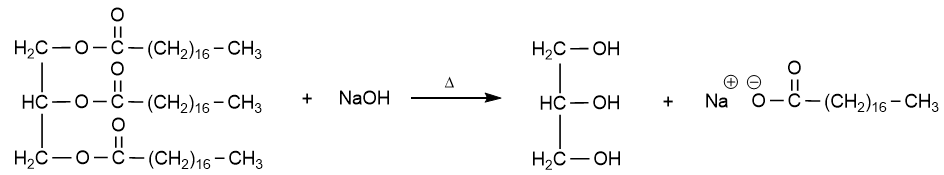 Balanced equation for saponification of glyceryl tristearate with NaOH.