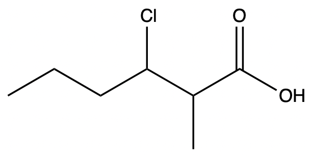 Line-angle formula for 3-chloro-4-methylhexanoic acid, depicting chlorine and carboxylic acid functionalities.