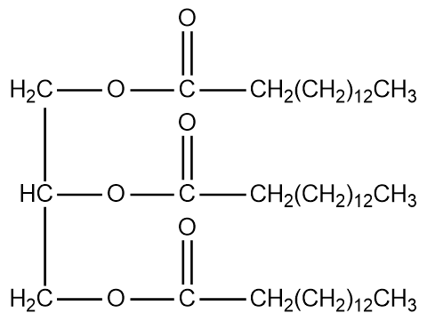 Chemical structure of a triglyceride with three fatty acids, likely a solid at room temperature.