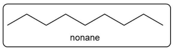 Skeletal structure of nonane, a straight-chain alkane with nine carbon atoms.