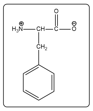 Zwitterion structure of phenylalanine showing positive and negative charges at pH 9.