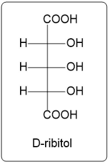 Fischer projection of D-ribose with two carboxylic acid groups, showing further oxidation.