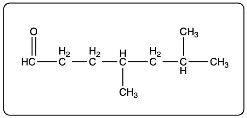 Condensed structural formula of 2,2,3-trimethylheptanal.