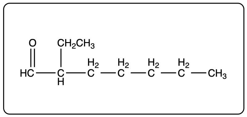 Condensed structural formula of 2-ethylheptanal, showing carbon and hydrogen atoms.