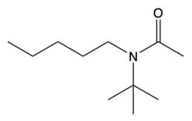 Structural formula of an amide with a six-carbon chain, a tert-butyl group, and an acetyl group attached to nitrogen.