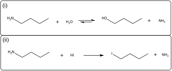 Balanced equations for 1-butanamine reacting with water and HI.