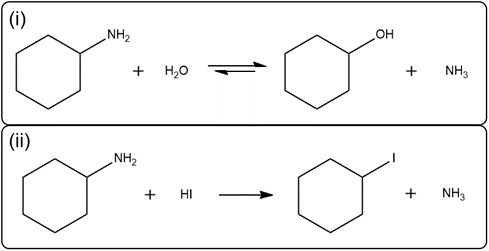 Chemical equations for cyclohexanamine reactions with water and HI.