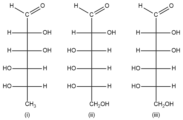 Fischer projections of three monosaccharides from a trisaccharide hydrolysis.