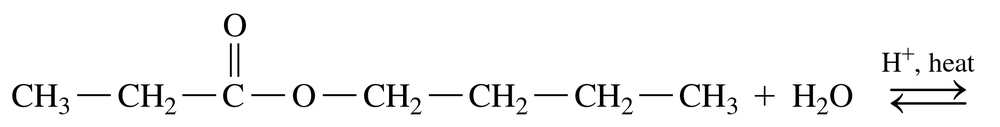 Condensed structural formula showing ester hydrolysis with water, yielding products under acid and heat conditions.